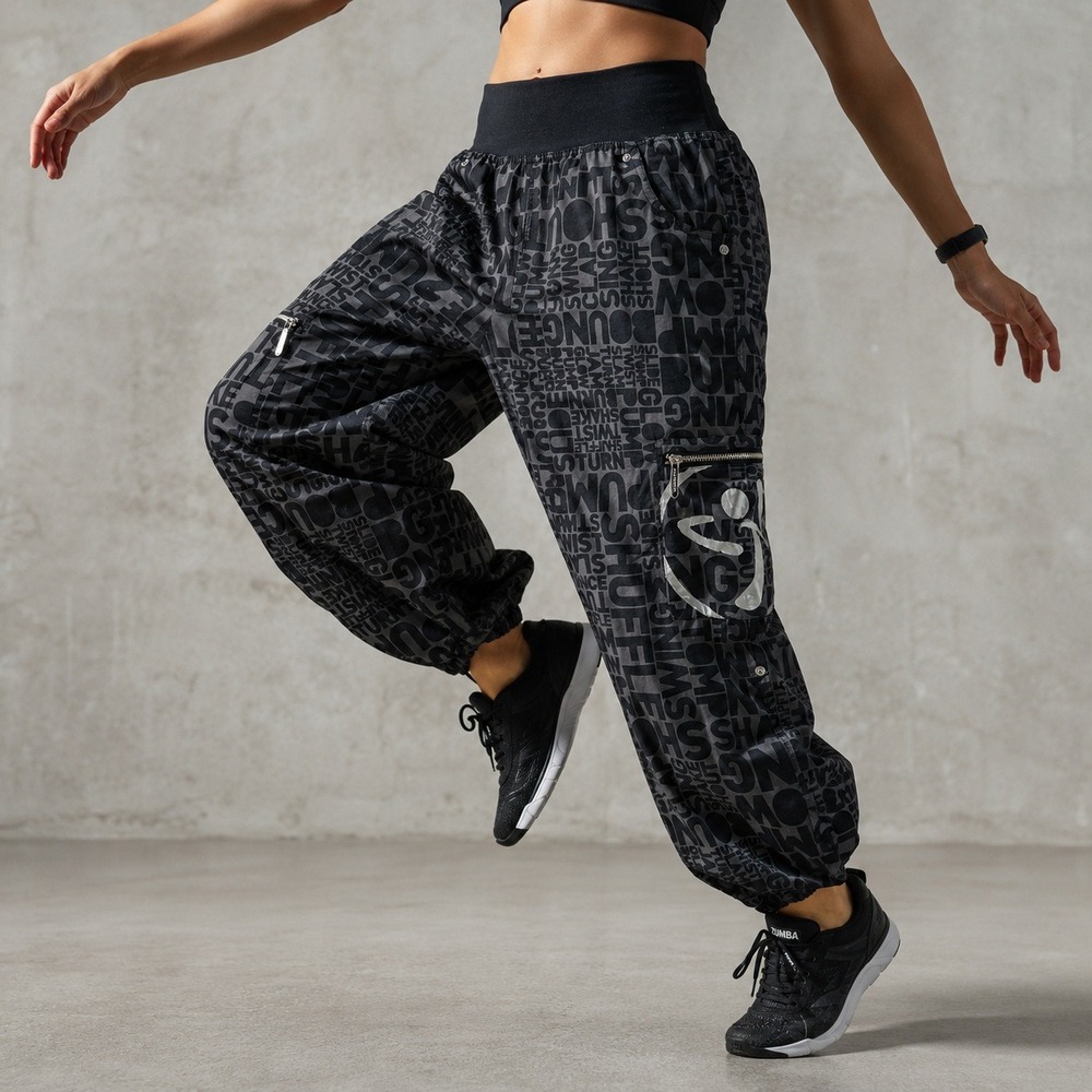 Zumba Cargo Parachute Pants Gray Black Typographic Print Dance Fitness XL‎